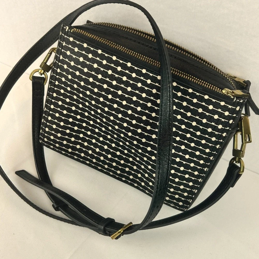 Fossil Black White Key Print Triple Zip Crossbody Bag Brass‎ Hardware